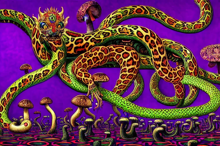 Prompt: a detailed digital art painting of a cellshaded cyberpunk ornate magick oni dragon with occult futuristic effigy of a beautiful field of mushrooms that is a adorable leopard atomic latent snakes in between ferret biomorphic molecular psychedelic hallucinations in the style of escher, alex grey, stephen gammell inspired by realism, symbolism, magical realism and dark fantasy, crisp
