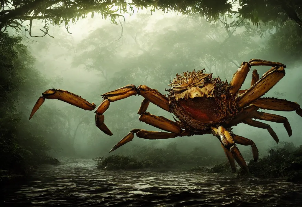 Image similar to an enormous giant crab king emerging from the waters, in a jungle with ominous light from above, ambient light, fog, river, very poetic