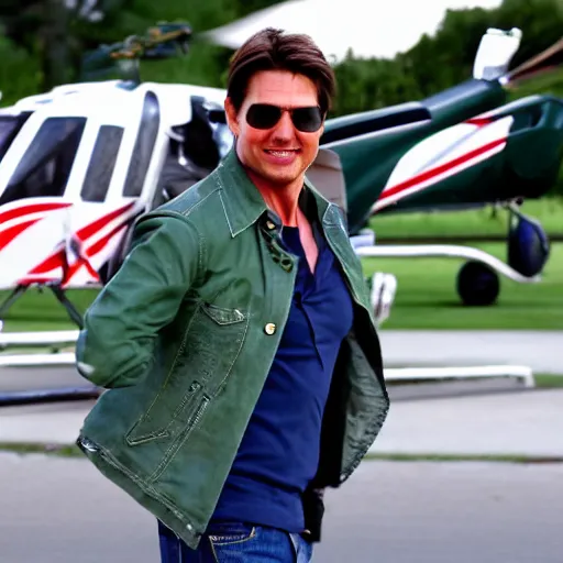 Image similar to Tom Cruise waving to fans. He's wearing blue jeans and a green jacket, Ralph Lauren. A helicopter is in the background. Shallow depth of field