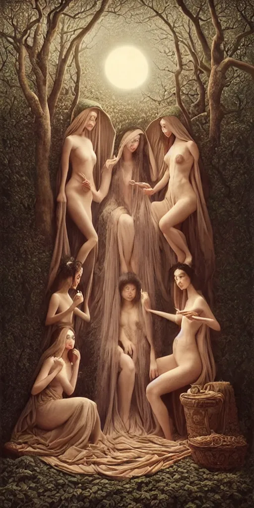 Image similar to the three fates cutting threads with scissors, forest, moonlight, gemma chen, madison beer, angela sarafyan, pinup, intricate beautiful faces, surrealistic painting by agostino arrivabene, artgerm, vanessa beecroft, anka zhuravleva, mary jane ansell, peter mohbacher, gerald brom