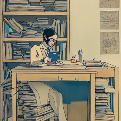 Prompt: a researcher at a desk, by james jean