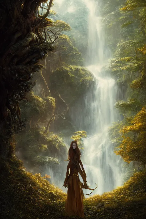 Prompt: detailed intricate digital illustration by greg rutkowski and artgerm and wlop and sanford robinson gifford ; girl standing in gothic fantasy valley and waterfall faerie fey unseelie in background ; 1 3 mm film, arri alfa anamorphic lens ; sharp focus, golden hour, fireflies ; trending on artstation 8 k close view