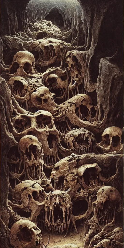 Prompt: three medieval explorers in an enormous cavern wasteland of malformed mammal skulls, zdzislaw beksinski, wayne barlowe, gothic, cosmic horror, dystopian, biomorphic, lovecraftian, amazing details, cold hue's