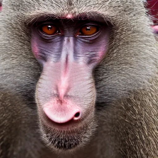 Prompt: a baboon, pink background, award - winning photography