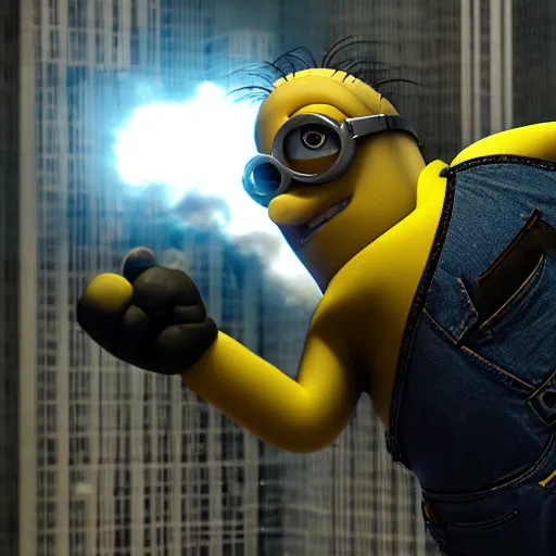 Image similar to a minion in the matrix, bullet time, still from movie