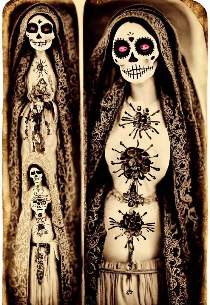 Image similar to tintype full body view, one womanvirgin mary, dia de muertos dress and make up, intricate, highly detailed,