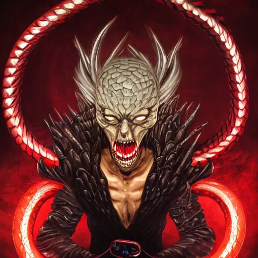 Image similar to lucifer, dark angel, hybrid human with snake, red eyes, chain, handcuffs, large chain, wide open mouth, scream, cruelty, sea bottom, light effect, highly detailed, artstation, concept art, matte, sharp focus, illustration, by dan mumford, yusuke murata, makoto shinkai, ross tran