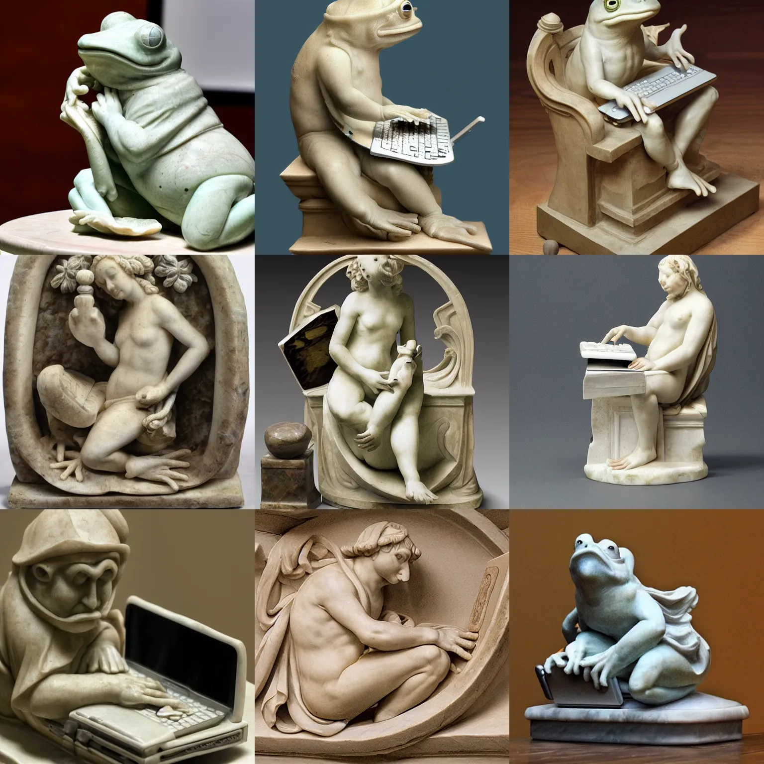 Prompt: a renaissance marble sculpture of one frog typing on a laptop