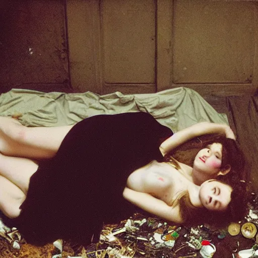 Prompt: “a girl Ophelia by Sir John Everett Millais laying on a dirty mattress covered in filth and garbage in an dark concrete basement room. 35mm film. Cursed image.”