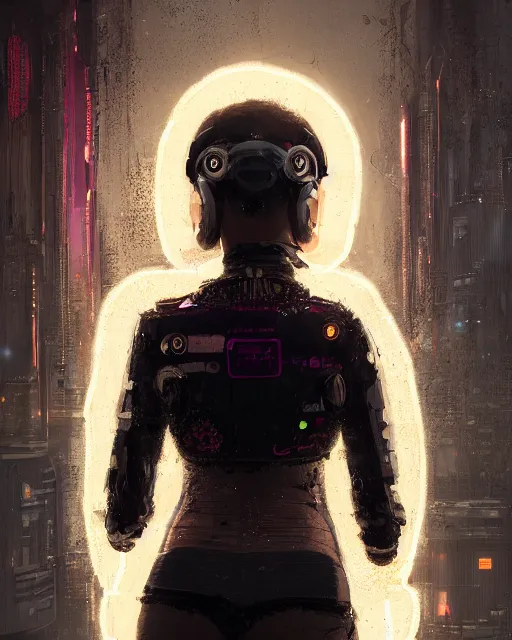 Prompt: detailed portrait Neon guard woman with very short brown hair seen from the back, cyberpunk futuristic, reflective puffer jacket, black leggings, decorated with traditional ornaments by Ismail inceoglu dragan bibin hans thoma, Perfect face, fine details, realistic shaded, fine-face, pretty face