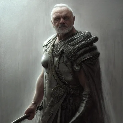 Prompt: Dieselpunk encaustic silverpoint immense regal portrait anthony hopkins wearing nanotech cuirass as zeus interior of mount olympus pantheon electrified badass god standing around ruan jia greg rutkowski jean giraud