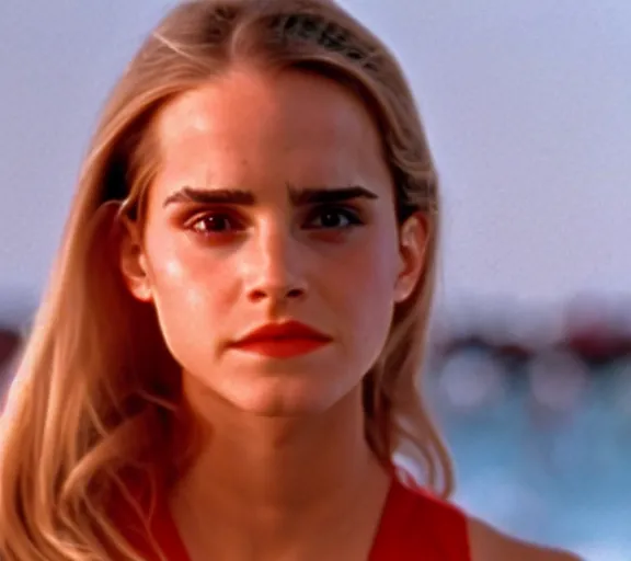 Image similar to color still shot of emma watson natalie portman hybrid on baywatch 1 9 8 9 tv show, running, face closeup,