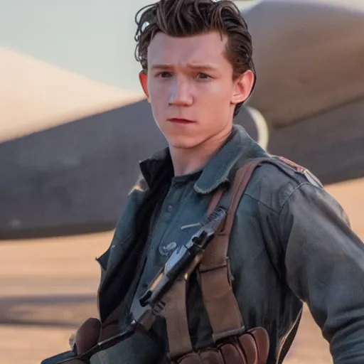 Image similar to film still of tom holland as maverick in too gun