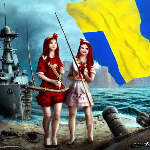 Prompt: ukrainian girls with ukrainian flag near big ruined warship, happy, concept art, trending on artstation, highly detailed, intricate, sharp focus, digital art, 8 k