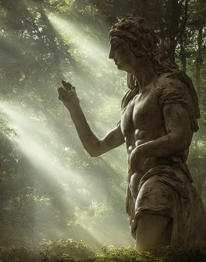 Image similar to an ancient greek statue lost in a gigantic forest by ivan dedov, painting, cinematography, epic lighting, volumetric, fog, god rays