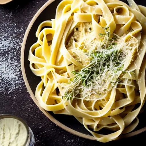 Image similar to a creamy fettuccine pasta in a parmesan cheese wheel,olive oil, food photography