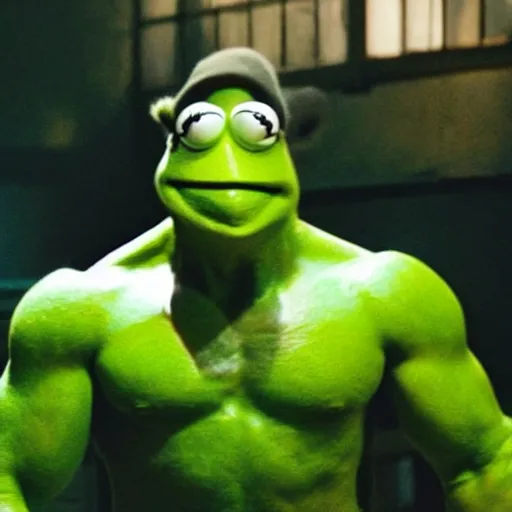 Image similar to a film still of kermit the frog as the hulk in the new avengers movie, realistic action movie, 4 k