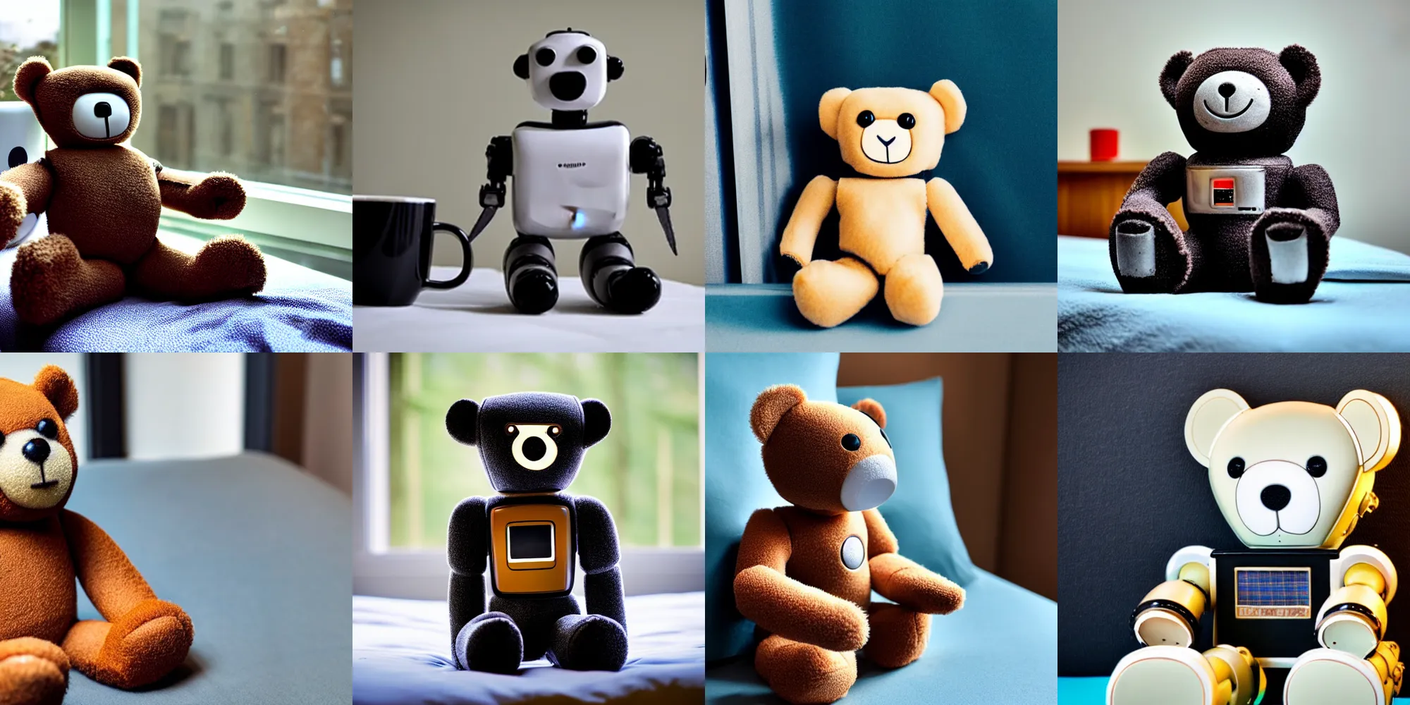 Prompt: a robot teddy bear made of rubber, sitting on the bed drinking black coffee at night, looking out into space