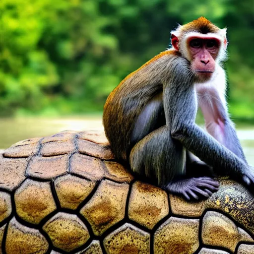 Image similar to nature photograph of a monkey sitting on the back of a turtle. national geographic