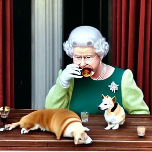 Image similar to paparazzi photo of queen elizabeth sipping on a gin martini with her corgis who are also sipping gin martinis, the corgis are wearing sweaters, royal palace interior, natural sunlight, soft focus, highly detailed