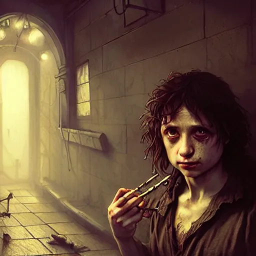 Image similar to Drug addict hobbit with crazy eyes smoking in a dark alley, ultra realistic, concept art, intricate details, dark, highly detailed, photorealistic, octane render, 8k, unreal engine, art by artgerm and greg rutkowski and alphonse mucha