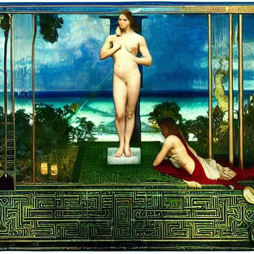 Image similar to The maze, refracted sparkles, thunderstorm, greek pool, beach and Tropical vegetation on the background major arcana sky, by paul delaroche, alphonse mucha and arnold böcklin, hyperrealistic symmetrical 8k, award-winning, very very very detailed