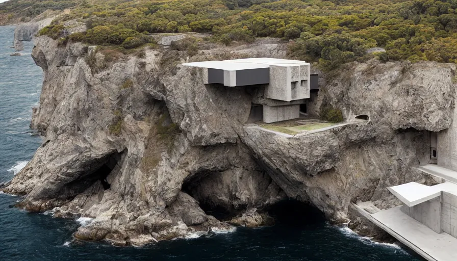 Image similar to big brutalist base perched on a cliff overlooking a magnificient bay, drawing architecture, pritzker architecture prize, greig fraser