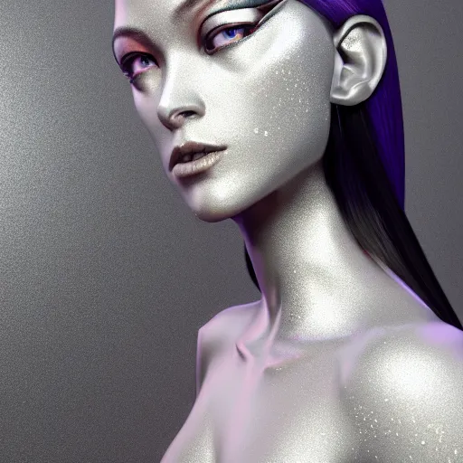 Image similar to symmetrical feminine cyborg goddess rendered in Cinema 4D and Octane and Unreal Engine 5, illustrious silver cybernetic body and ornate futuristic outfit, glowing white neon eyes, platinum and obsidian flowing long hair, art by Artgerm, Beeple and Alphonse Mucha, hyperrealism, full body photogenic shot, digital render, cinematic lighting ornate earrings, 8k resolution, masterpiece work