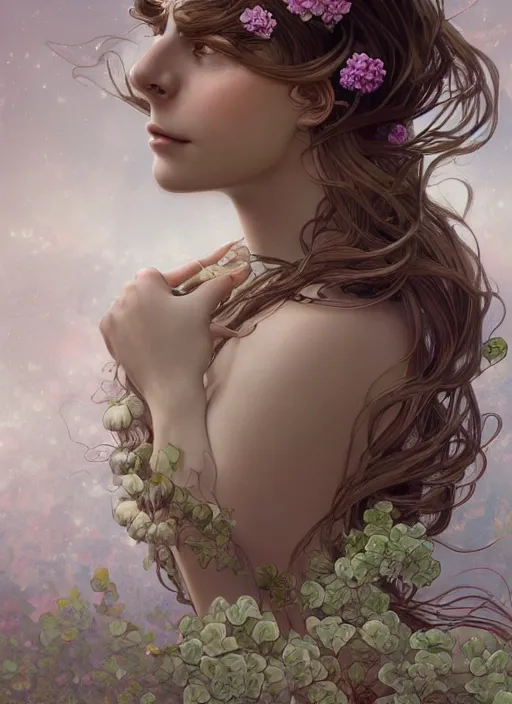 Prompt: a photographic portrait of a anthropomorphic hydrangea blossom, fantasy, wind blowing hair, intricate, elegant, highly detailed, digital painting, artstation, concept art, smooth, sharp focus, illustration, art by artgerm and h r giger and alphonse mucha