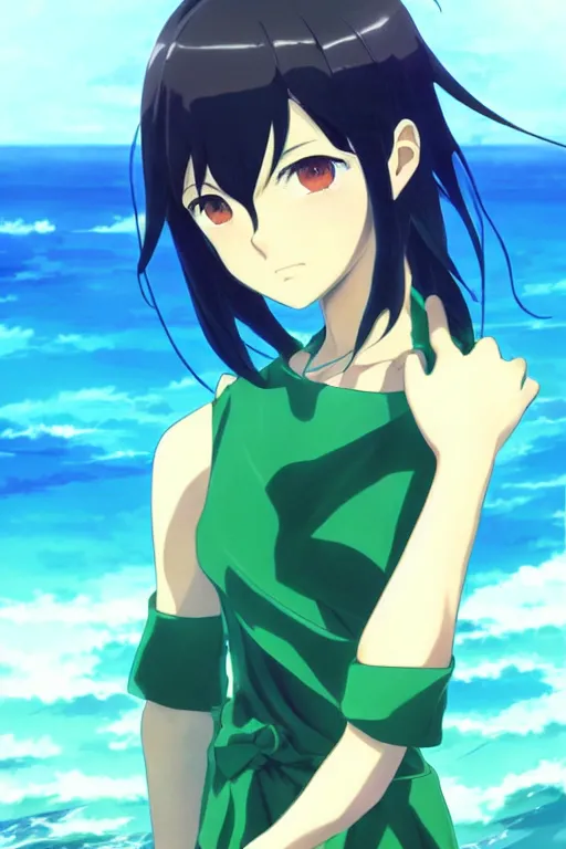 Image similar to makoto shinkai, artgerm, ilya kuvshinov, beautiful anime women with green dress, long blue hair, water powers water swirling, symmetrical face, symmetrical eyes, detailed, beach setting, cinematic lighting
