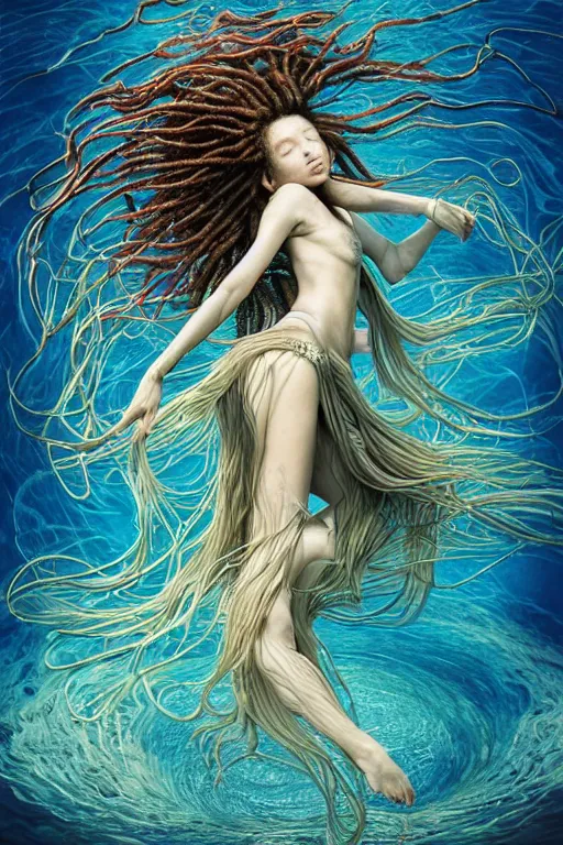 Prompt: a centered full body render of a dancing festival hippy with long flowing dreadlocks surrounded by a underwater ink pour and flowing liquid gallium and sacred geometry, perfect body and face, gorgeous, cinematic, beautifully lit, by miho hirano, by karol bak, by donato giancola, 3 d, trending on artstation, octane render, 8 k