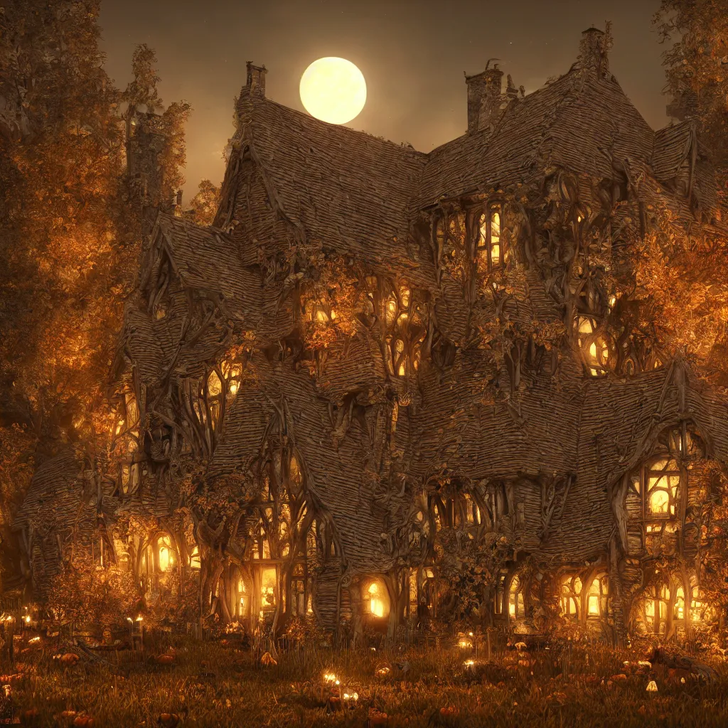 Image similar to a highly detailed old haunted english tudor cottage in a pumpkin patch at night, volumetric haze, fall colors, dead tree forest, pumpkins, moon, photorealistic, insanely detailed and intricate, epic scene, hyper realistic, elegant, ornate, elite, horror, creepy, ominous, haunting, cinematic lighting, unreal engine, 4k, 8k, cinematic camera