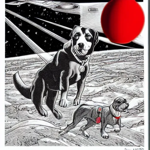 Image similar to overview of a red rocket with a evil dog in space