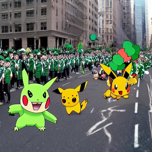 Image similar to a parade of pokemon marching down 5 th ave manhattan on st. patrick's day, 8 k, photo realistic, extremely life like