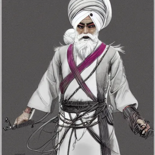 Prompt: sikh nihang, spaghetti western, yoshitaka amano character design