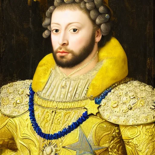 Image similar to highly detailed painting of the french king, he is wearing a blue robe with yellow stars across it, 4 k resolution, by jaquis luis david, visible paint layers, renaissance.