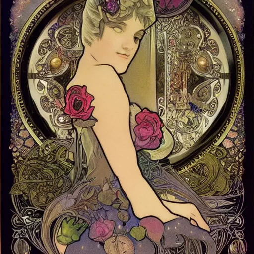 Image similar to Alice in Wonderland,Diamonds Blaze,Rose twining,out of time and space,dreamy, eternity, romantic,highly detailed,in the style of Alphonse Maria Mucha, highly detailed,night lighting