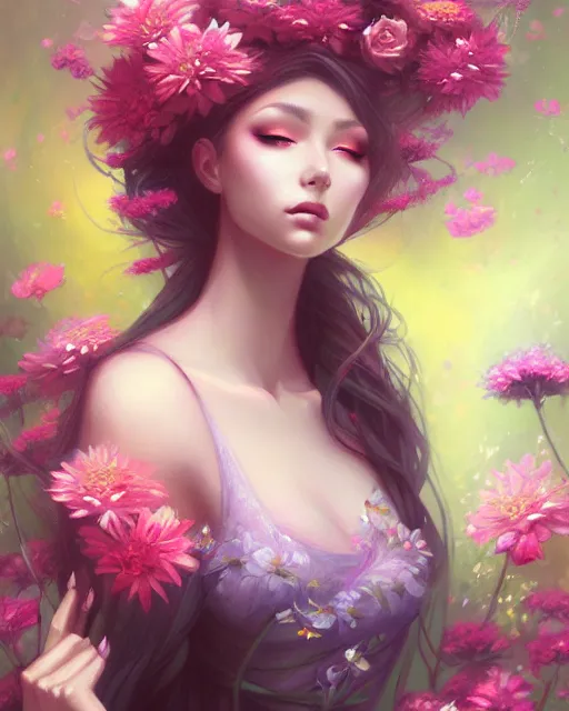 Image similar to a painting of a beautiful woman surrounded by flowers, an ultrafine detailed painting by ross tran, full body, featured on deviantart, fantasy art, detailed painting, deviantart, anime