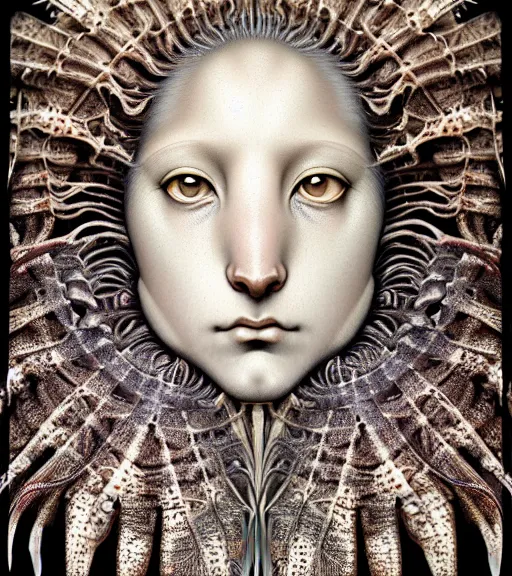 Image similar to detailed realistic beautiful lionfish goddess face portrait by jean delville, gustave dore, iris van herpen and marco mazzoni, art forms of nature by ernst haeckel, art nouveau, symbolist, visionary, gothic, neo - gothic, pre - raphaelite, fractal lace, intricate alien botanicals, ai biodiversity, surreality, hyperdetailed ultrasharp octane render