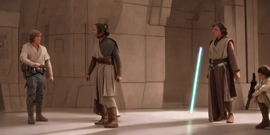 Image similar to screenshot from unreleased Star Wars film, Jedi Luke Skywalker played by Mark Hammil teaches Princess Leia the ways of the force, they stand in a jedi Temple, 1970s film by Stanely Kubrick film, color kodak, Ektachrome, anamorphic lenses, detailed faces, hyper-realistic, photoreal, detailed portrait, moody cinematography, strange lighting