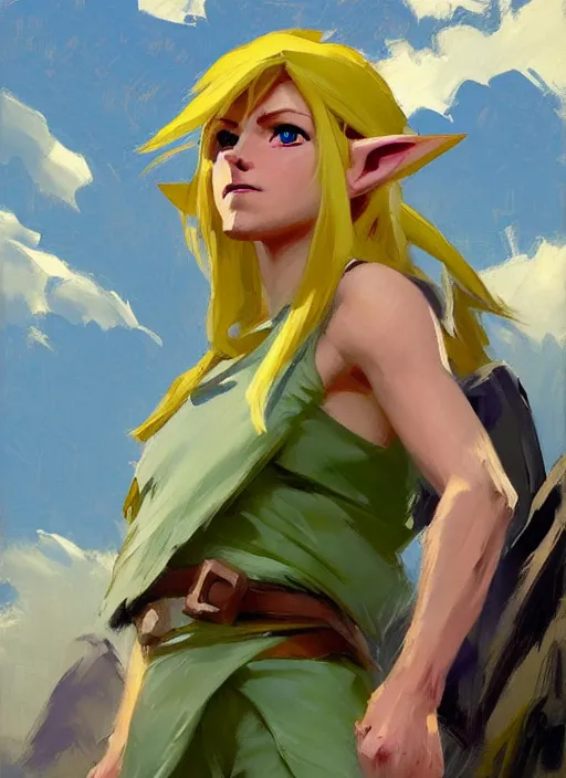 Image similar to Greg Manchess painting of a female Link from Legend of Zelda, countryside, calm, fantasy character portrait, dynamic pose, above view, sunny day, thunder clouds in the sky, artwork by Jeremy Lipkin and Giuseppe Dangelico Pino and Michael Garmash and Rob Rey, very coherent asymmetrical artwork, sharp edges, perfect face, simple form, 100mm