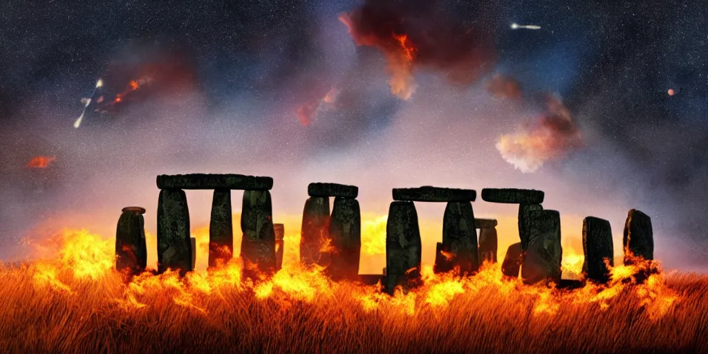 Prompt: a painting of Stonehenge in a blaze of fire as asteroids shower down from the sky, dusk, cinematic lighting