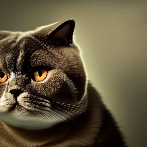Image similar to a cute chubby Scottish fold cat with bow tie portrait, partially clothed in metal-plated battle armor, face centred, atmospheric lighting, painted, intricate, volumetric lighting, beautiful, golden hour, sharp focus, ultra detailed, by Leesha Hannigan, Ross Tran, Thierry Doizon, Kai Carpenter, Ignacio Fernández Ríos
