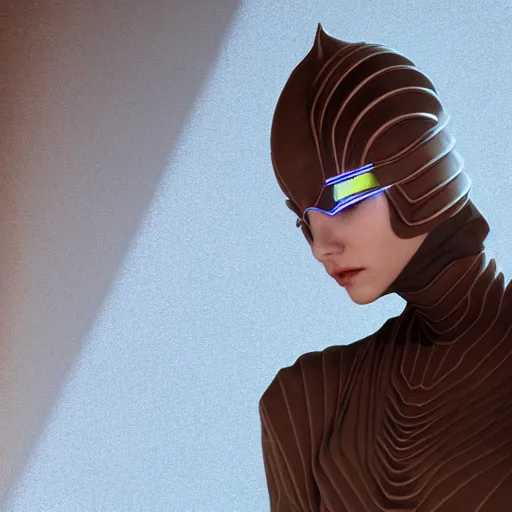 Prompt: dune inspired avant-garde art, deco fashion, highly detailed, photorealistic portrait, white studio setting, studio lighting, crisp quality and light reflections, unreal engine 5 quality render