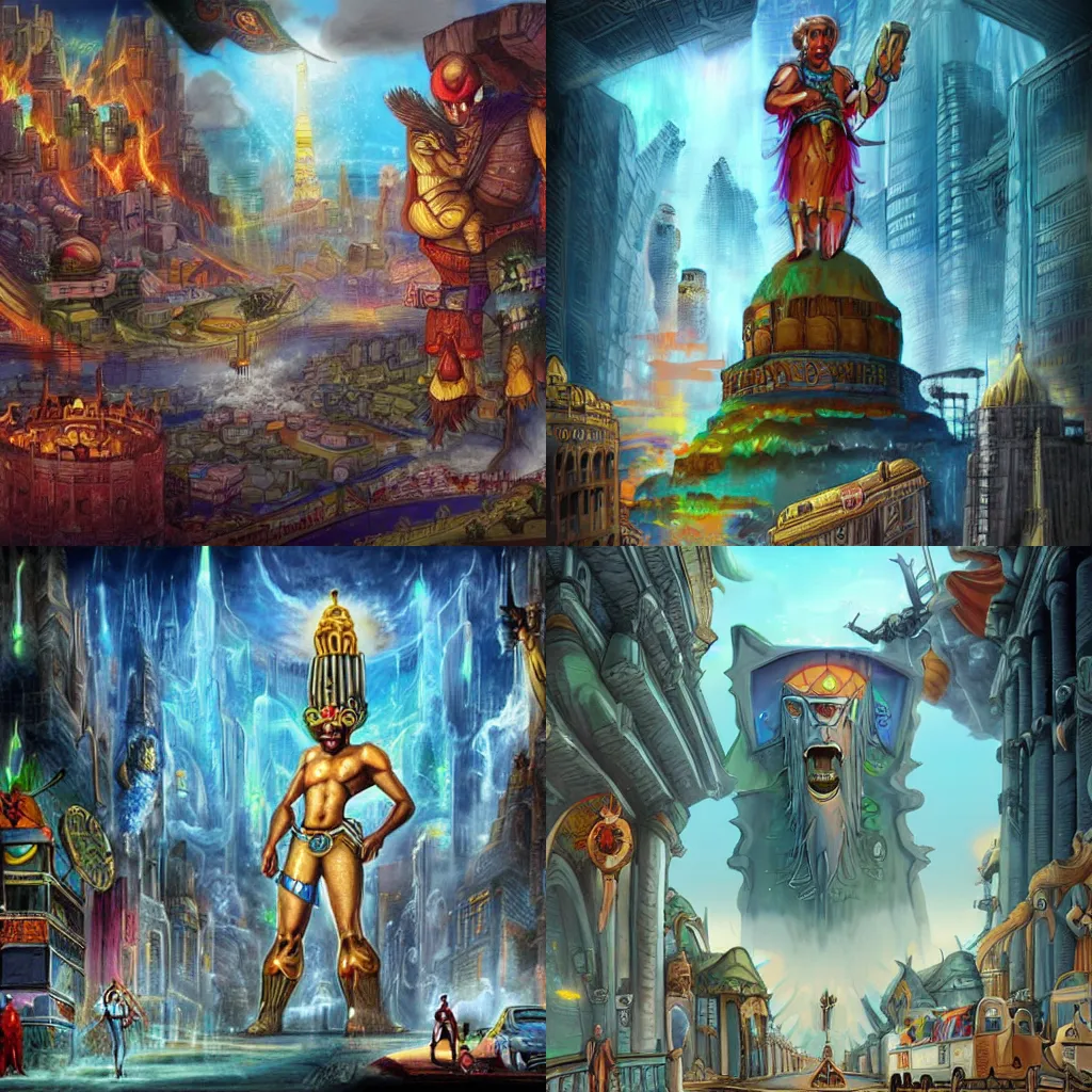 Prompt: the city of the god cartoons, escapist, fantasy art