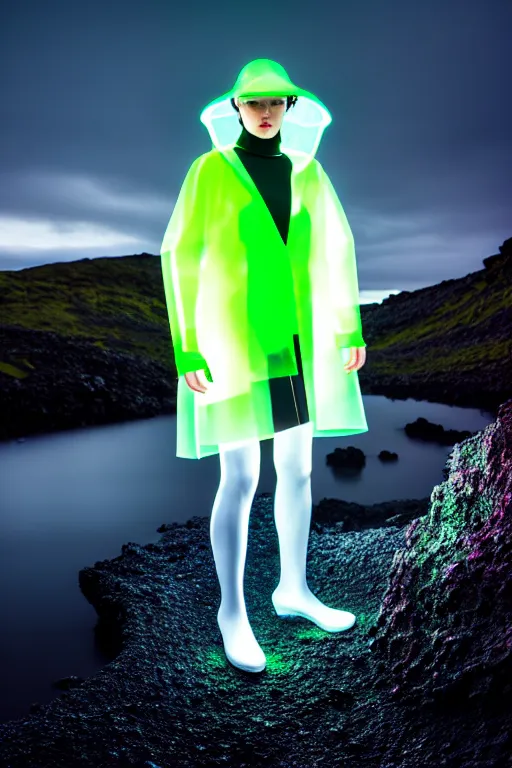 Image similar to an ultra high definition professional high fashion portrait studio full length photograph of a model wearing a transparent pearlescent raincoat and neon visor in an icelandic black rock environment at dawn. no artefacts. extremely detailed. stark. refraction. shallow depth of field. volumetric light and shadow. ray tracing. light rays.