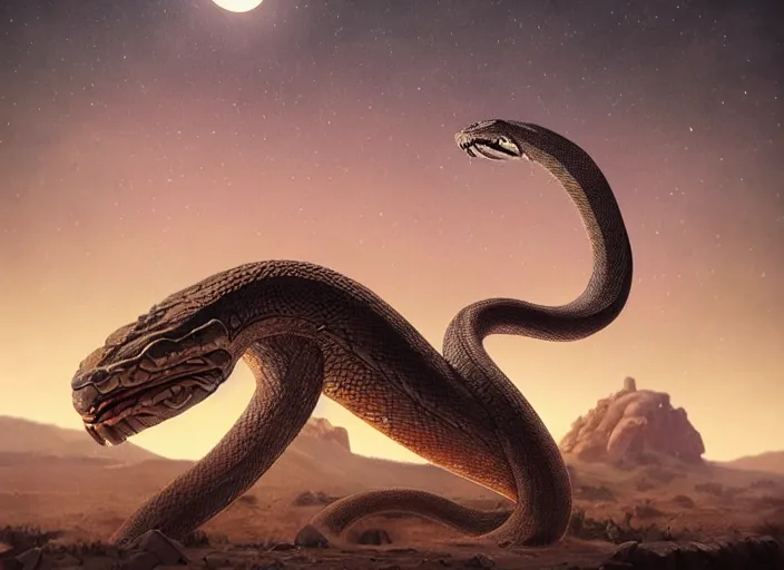 Prompt: giant snake god, low shot, giant fangs, desert, moonlight, art by artgerm and greg rutkowski, cinematic shot, intricate, photorealistic, artstation, realistic, 1 0 0 mm, photography, octane, high definition, depth of field, bokeh, 8 k