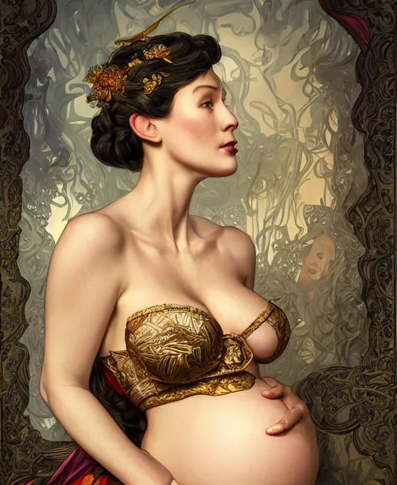 Image similar to a highly detailed portrait of a pregnant woman, intricate silk set, honey birdette, deep focus, d & d, fantasy, intricate, elegant, highly detailed, digital painting, artstation, concept art, matte, sharp focus, illustration, hearthstone, photography of charline von heyl, art by artgerm and greg rutkowski and alphonse mucha