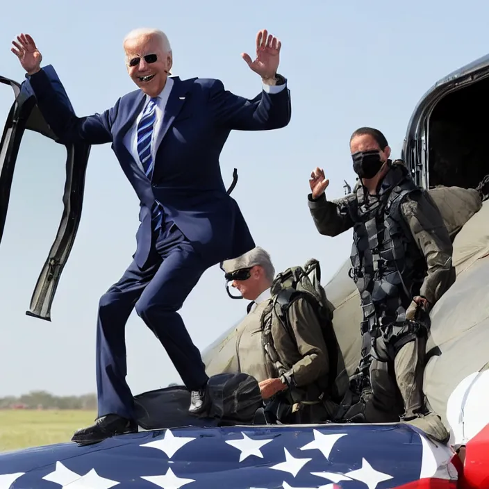 Image similar to joe biden jumping out of an airplane ready for war, sharp detailed photo