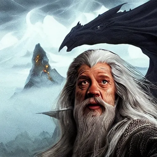 Image similar to Selfie taken by an overconfident Gandalf the Grey on the Bridge of Khazad Dum, a balrog looming in the background,